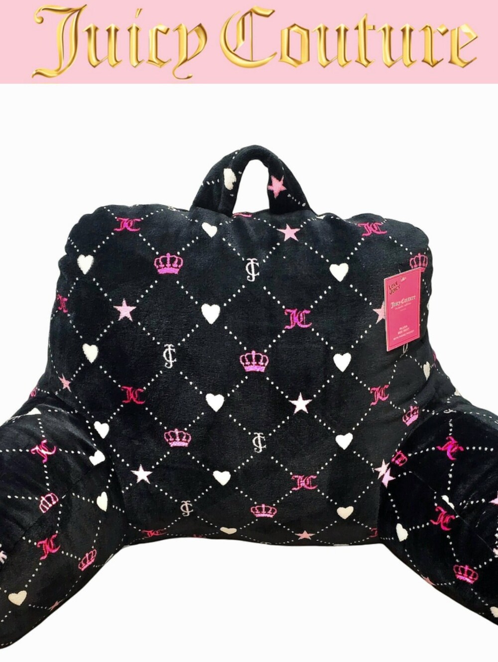 Juicy Couture Home JC Logo Crowns & Hearts Plush Bed Rest Pillow w/Cell Holder